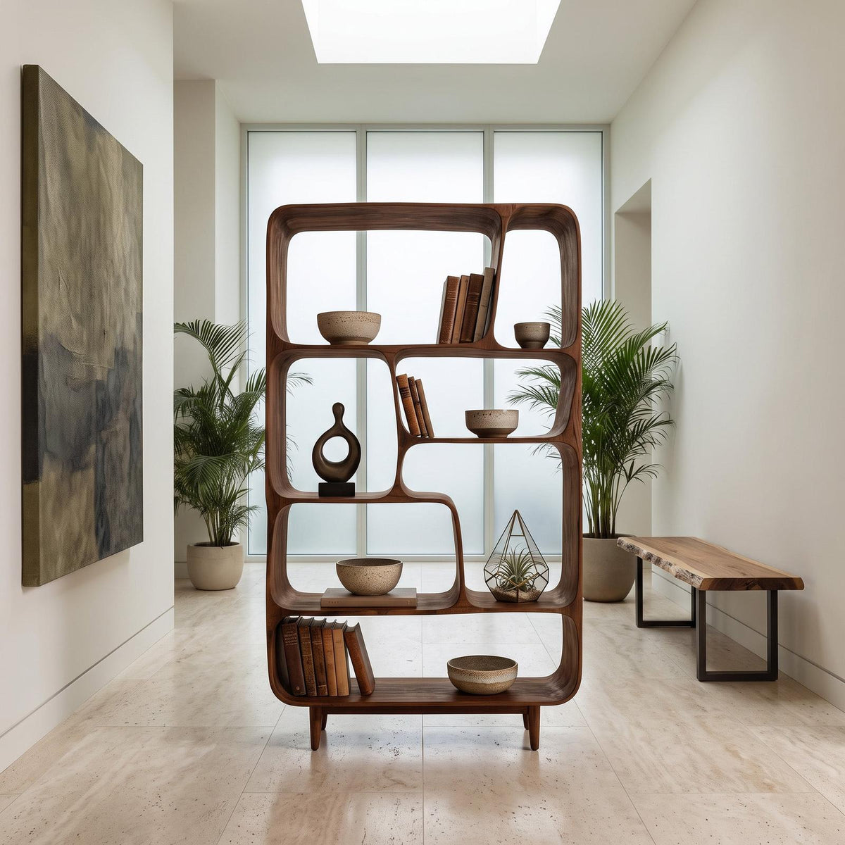 Mid-Century Wood Bookshelf, Handcrafted Solid Wood Bookcase with Open Shelves for Modern Living Room & Office