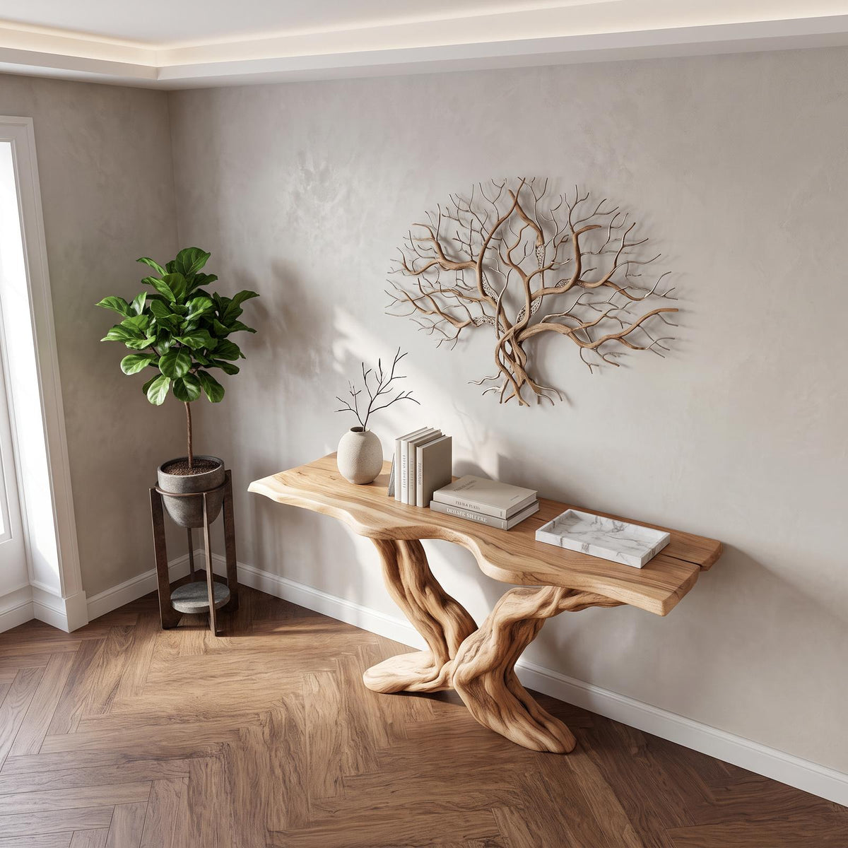 Rustic Sculptural Wood Console Table, Living Room & Entryway Handcrafted Solid Wood Accent Sofa Table, Model