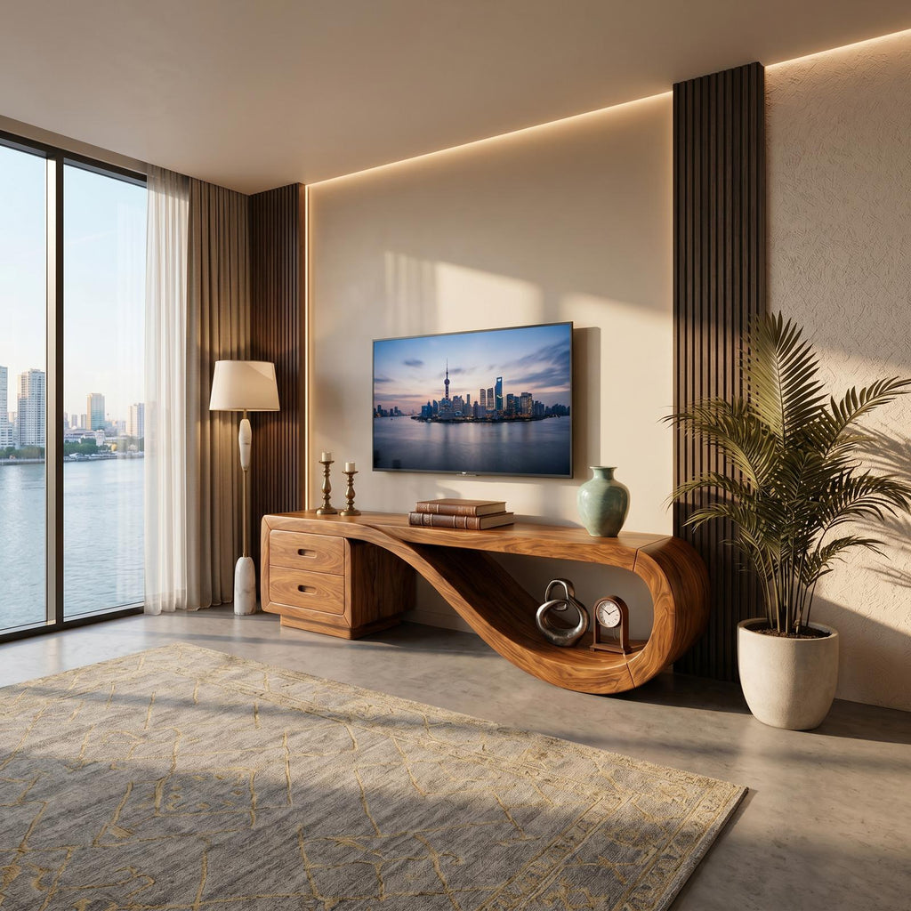 Luxury Sculptural Media Console Marble Accent Wall