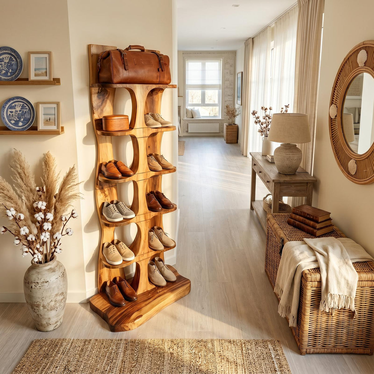 Mid-Century Tall Shoe Storage Rack, Wooden Multi-Tier Shoe Organizer Tower for Foyer & Entryway