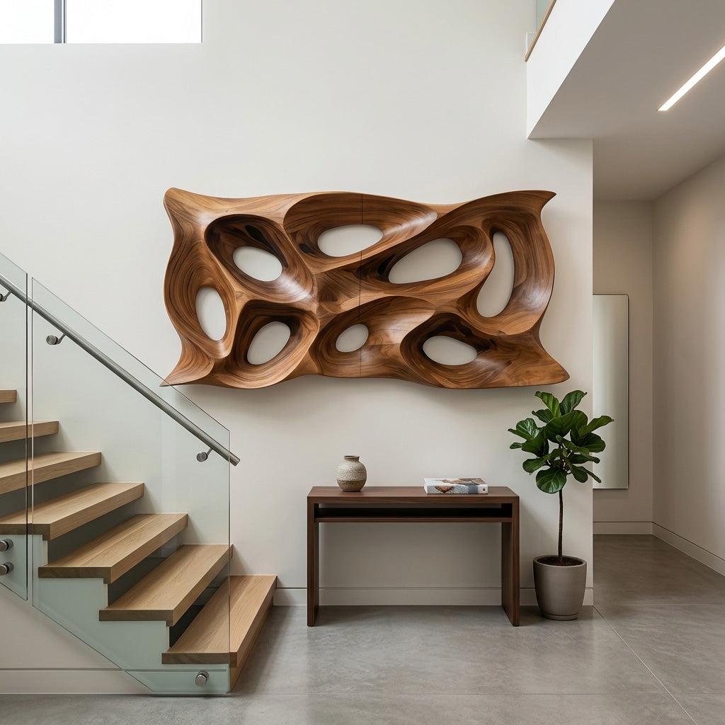 Modern Sculptural Wall Art, Abstract 3D Carved Wood Wall Sculpture Panel for Lounge & Living Room Decor