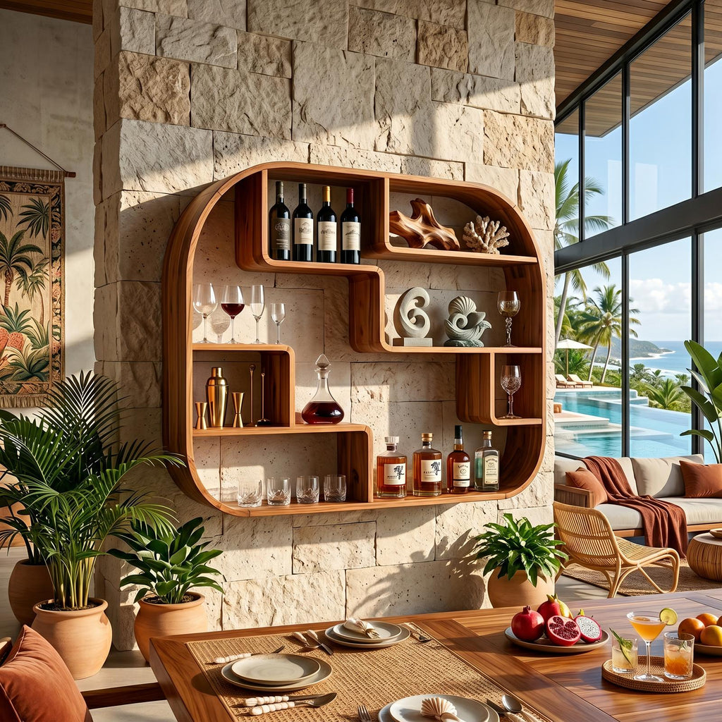 Boho Wall Mounted Wine Holder, Handcrafted Floating Wood Bottle Rack & Accent Storage Feature for Dining Space