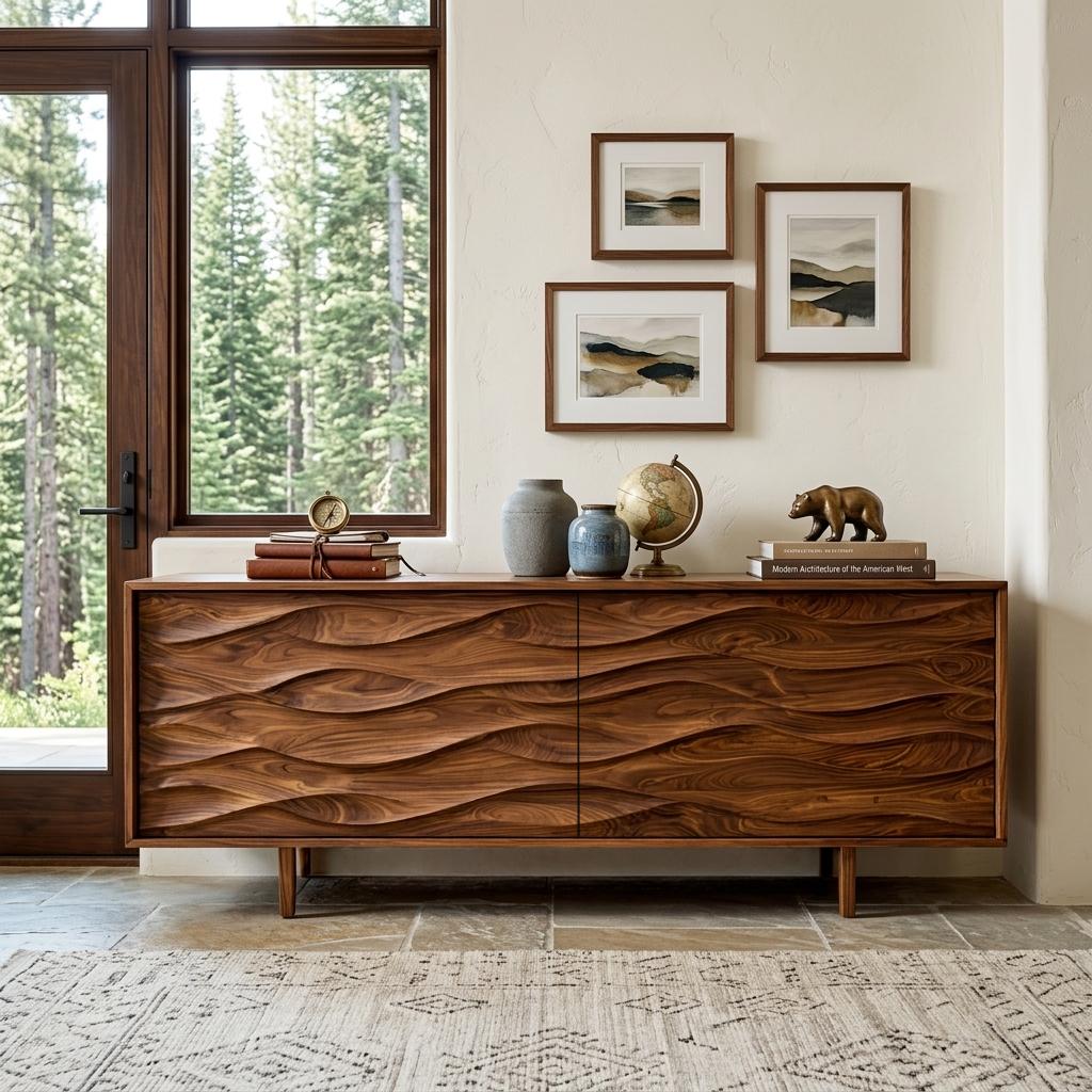 Contemporary Sideboard with Carved Wave Front Panels, Handcrafted Solid Wood Credenza Buffet Cabinet for Home, Model