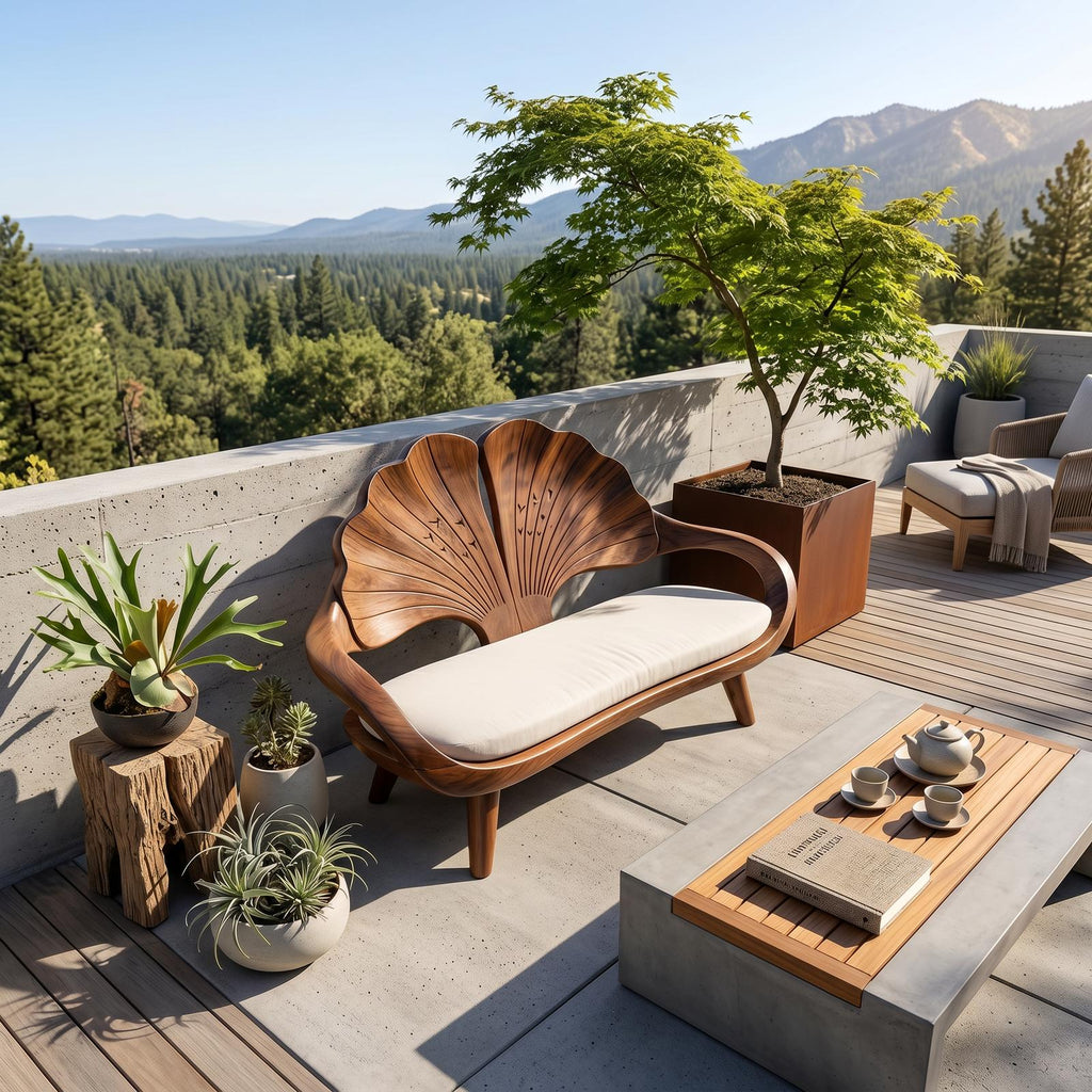 Minimalist Ginkgo Leaf Backrest Bench, Solid Wood Reading Nook Accent Seating & Bedroom Lounge Bench, Natural