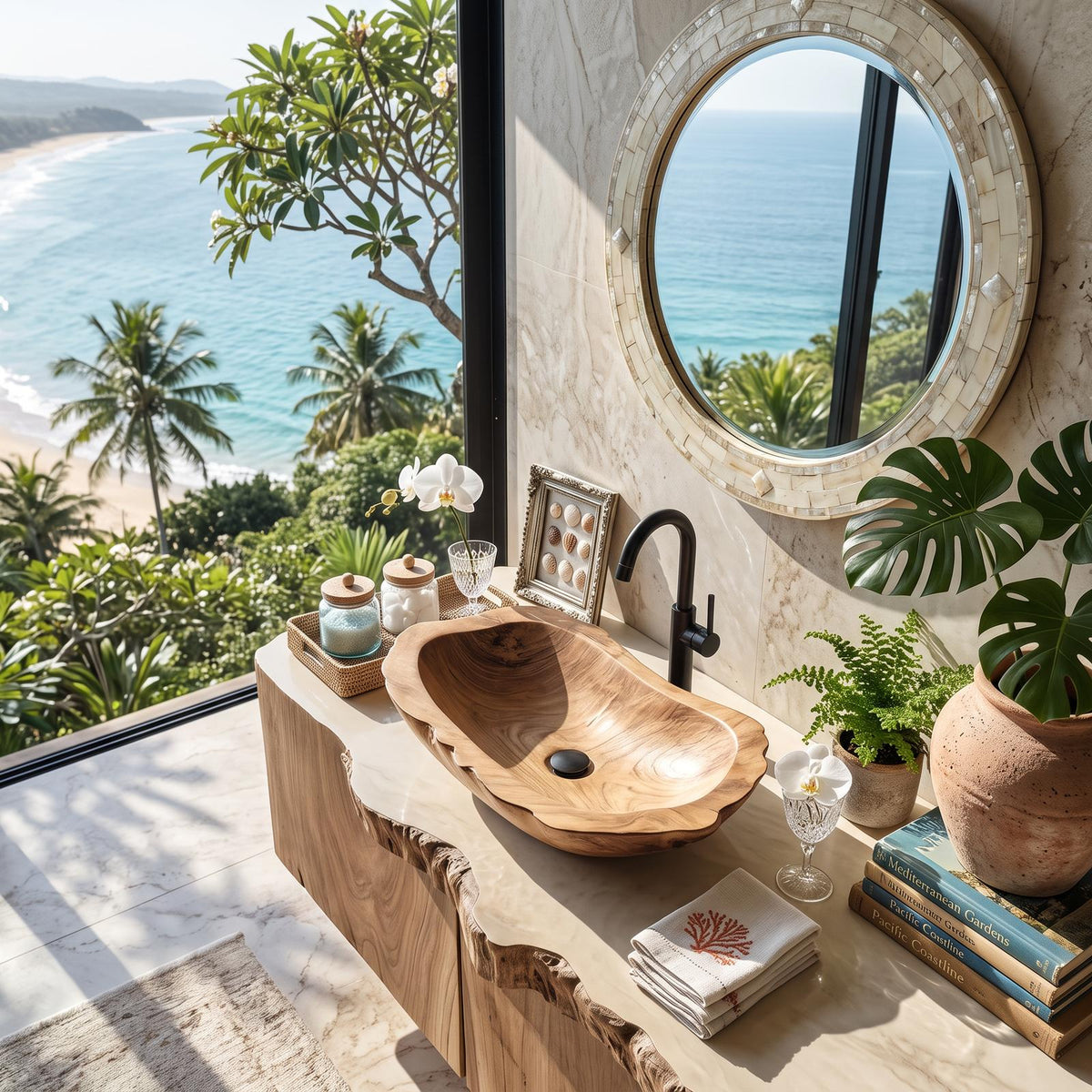 Handcrafted Wooden Vessel Sink, Rustic Natural Solid Wood Bath Bowl Wash Basin for Luxury Bathroom Vanity Countertop
