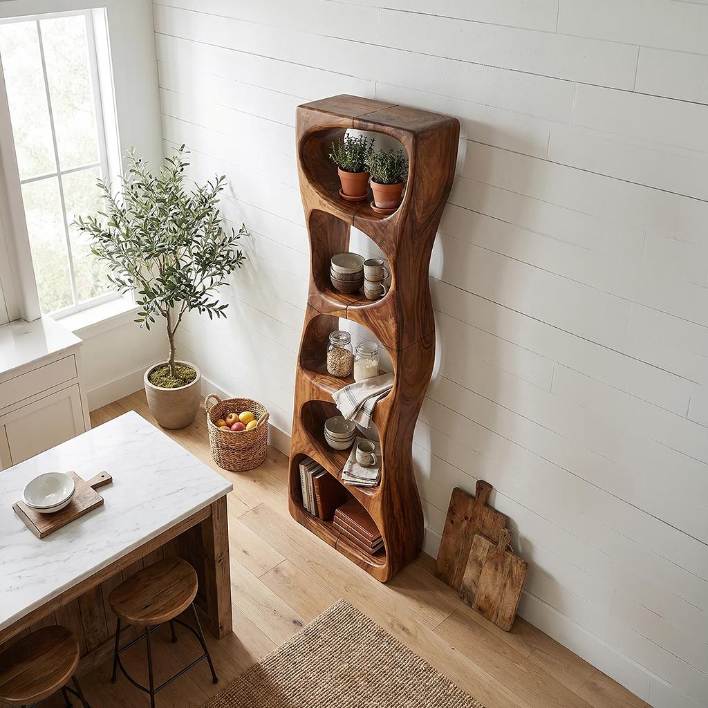 Minimalist Geometric Wood Bookshelf, Handcrafted Freestanding Book Rack Shelf for Entryway Storage Display