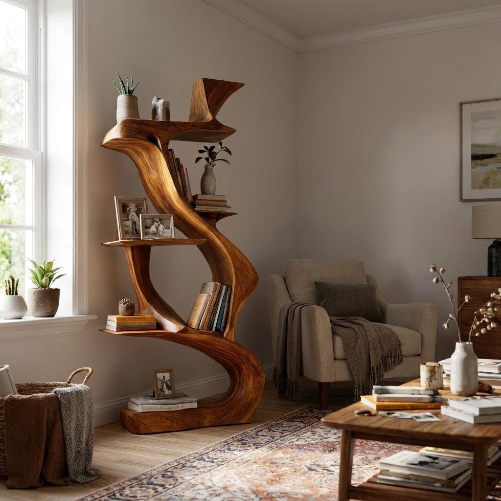 Sculptural Natural Wood Bookshelf, Handcrafted Solid Wood Standing Bookcase for Luxury Living Room & Home Decor