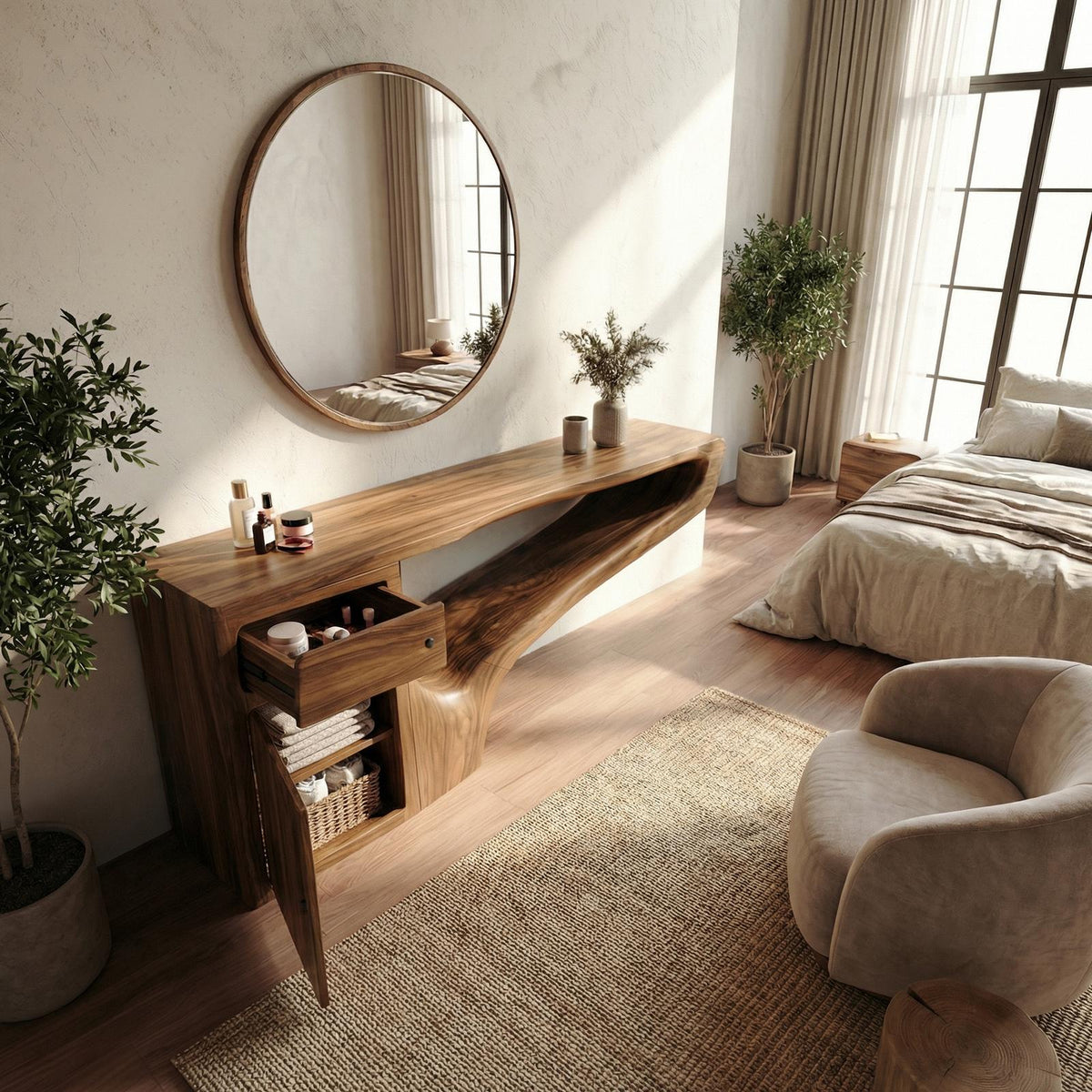 Spry Interior Modern Asymmetrical Dressing Table, Solid Wood Makeup Vanity Desk with Integrated Storage for Bedroom, SINLSABDT060