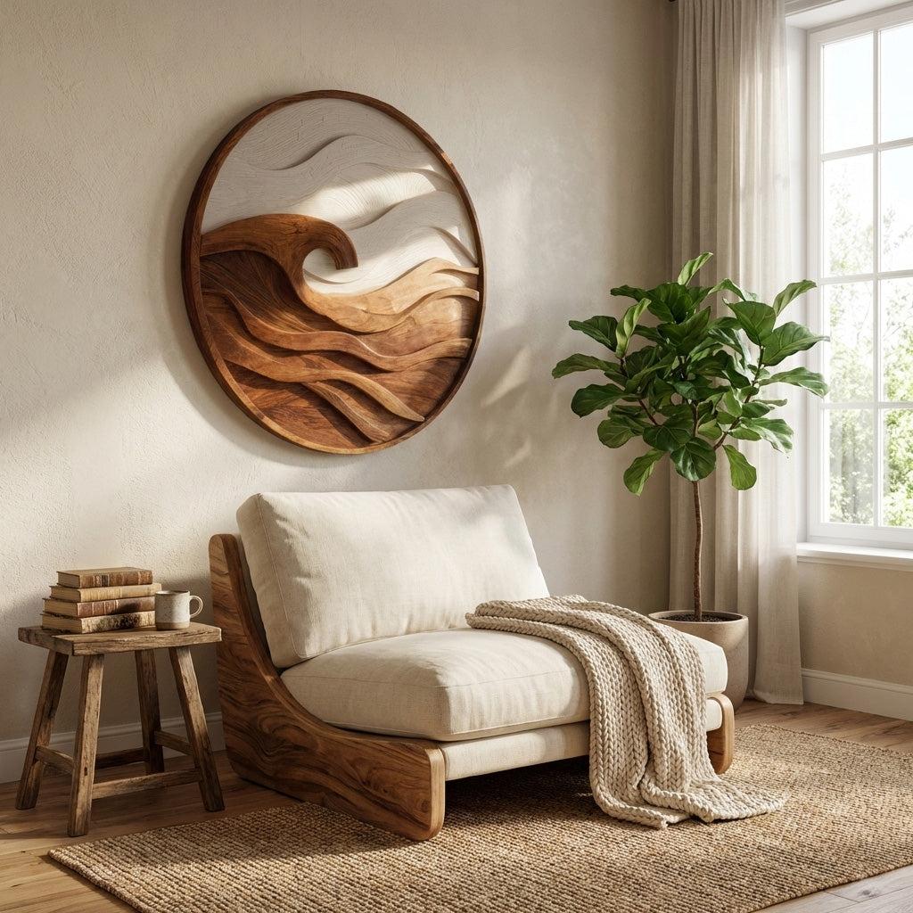 Handcrafted Round Wave Wall Art, 3D Ocean Ripple Carved Wooden Circular Panel for Bedroom & Living Room Decor