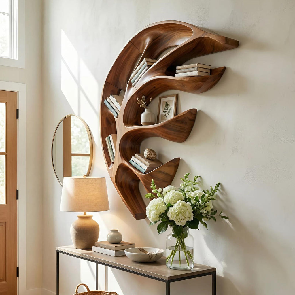Modern Wall Mounted Wooden Floating Shelf, Handcrafted Solid Wood Wall Spice Rack Organizer for Kitchen Storage