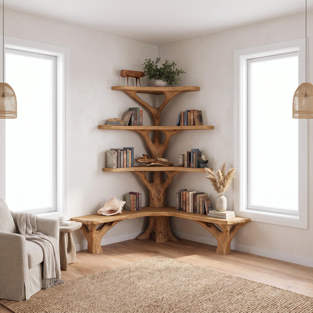Rustic Tree Bookshelf Corner Living Room SINLSATB230