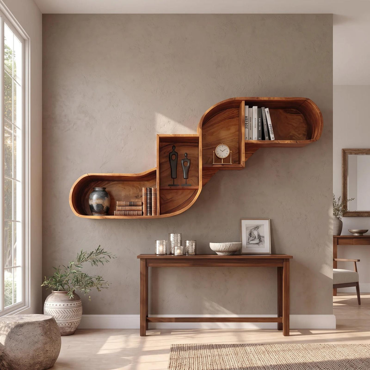 Mid Century Curved Wood Shelves for Home Bar