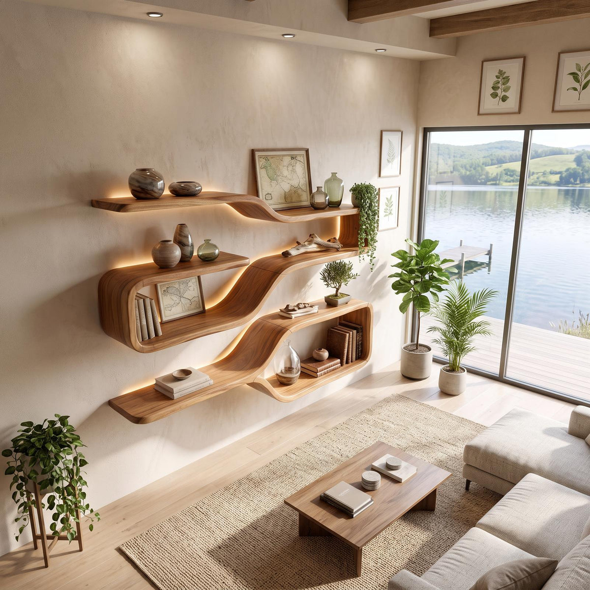 Mid Century Live Edge Wood Shelves for Dining Room