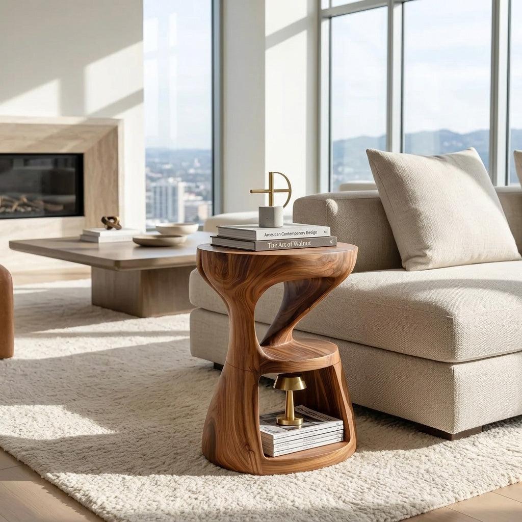 Modern Sculptural Side Table, Handcrafted Solid Wood End Table & Nightstand for Living Room Lounge, Model