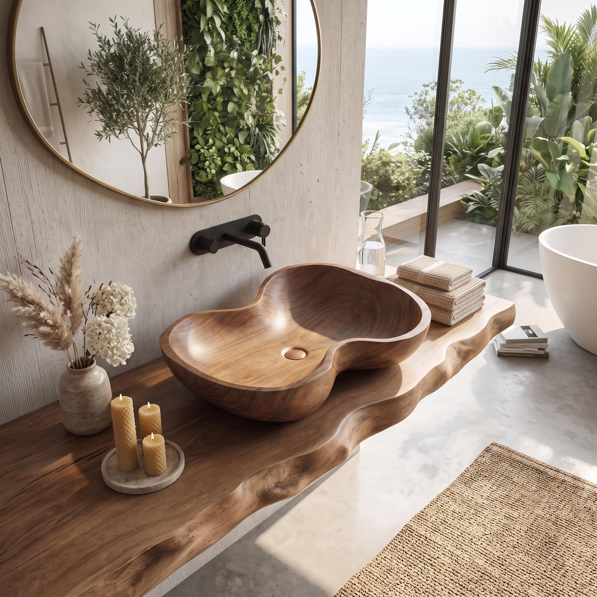 Rustic Wooden Vessel Sink, Handcrafted Natural Wood Bowl Wash Basin for Eco-Friendly Modern Bathroom Vanity
