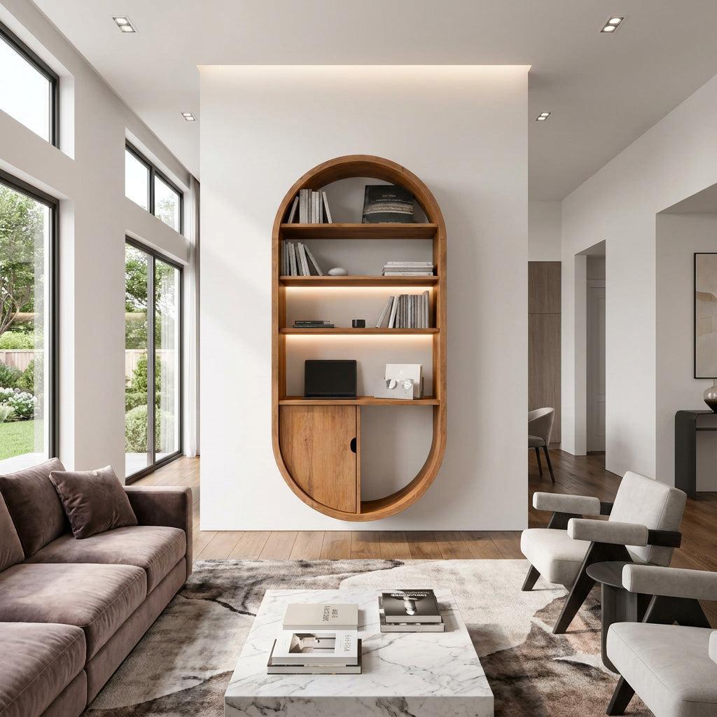 Arched Wooden Wall Bookshelf with Cabinet & Lighting, Solid Wood Storage Bookcase for Living Room, Home Office