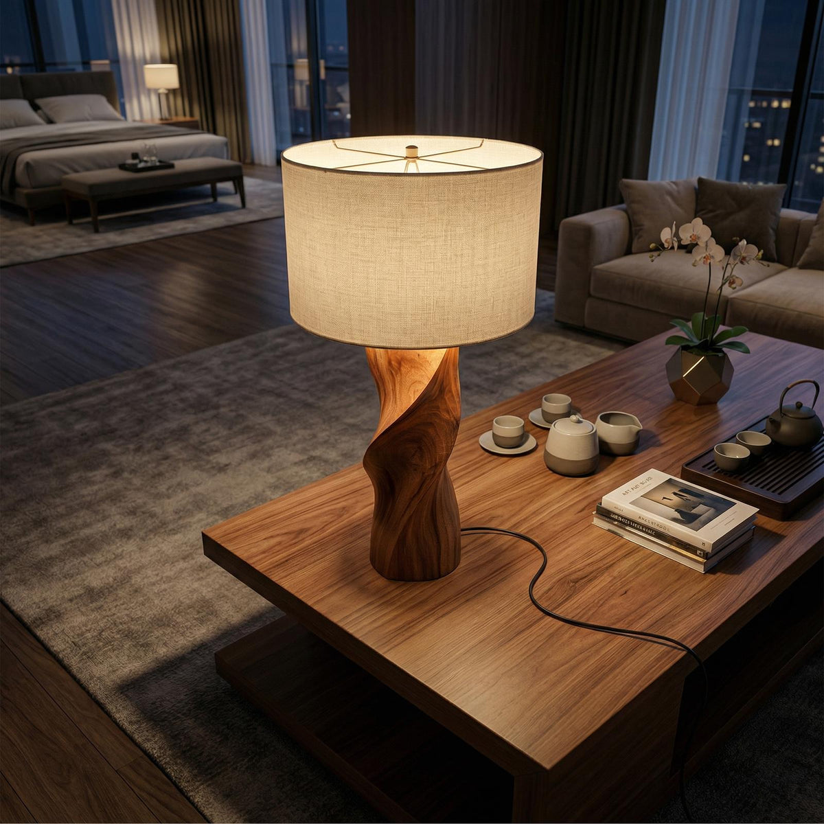 Modern Accent Table Lamp, Contemporary Wood Nightstand Bedside Light for Living Room & Bedroom