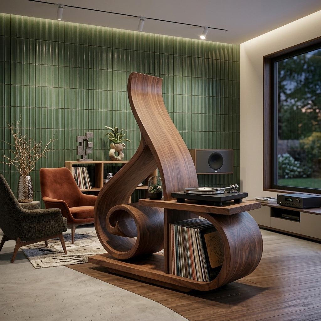 Contemporary Sculptural Wooden Record Player Stand For Living Room