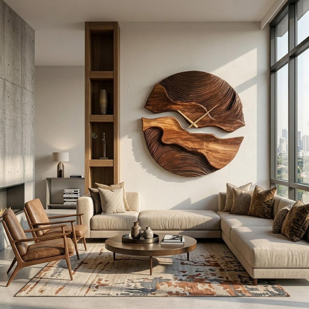 Organic Wooden Wall Clock, Handcrafted Unique Shape Solid Wood Timepiece for Designer Living Room