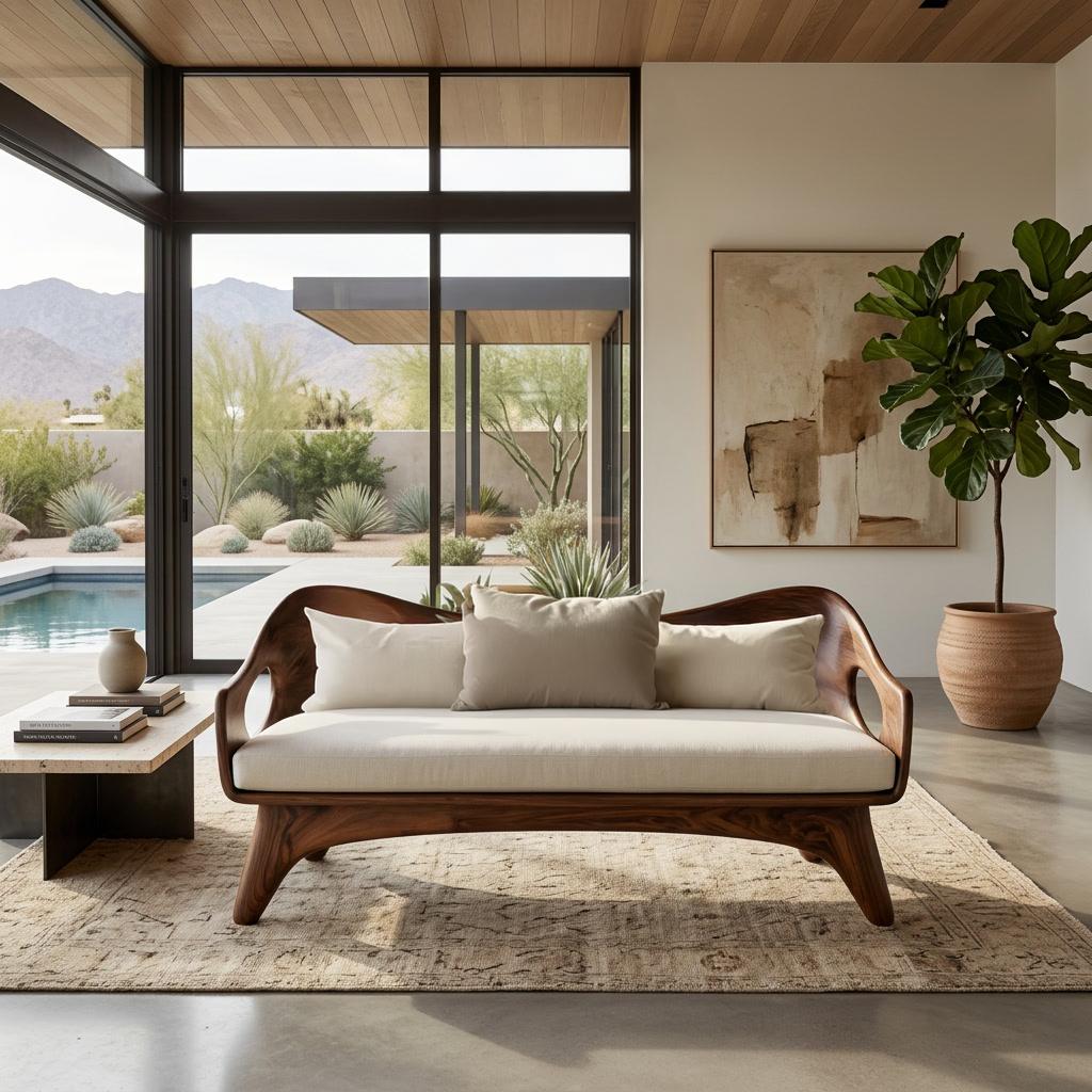 Organic Wooden Sofa with Unique Backrest, Sculptural Solid Wood Loveseat Couch for Living Room & Lounge, Model