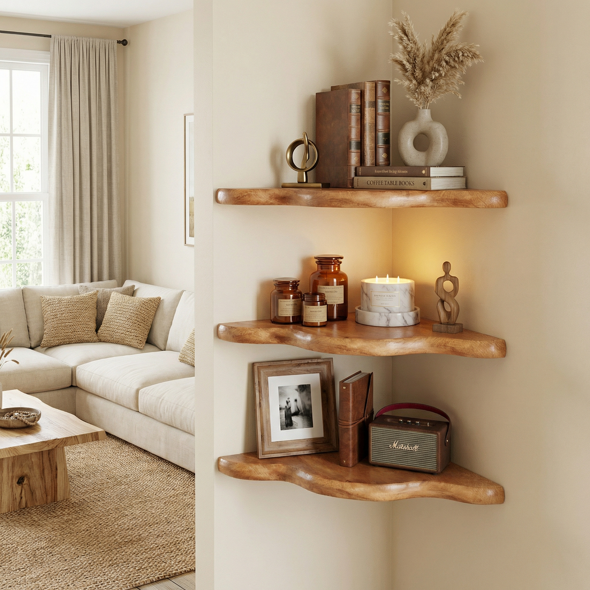 Rustic Floating Corner Shelf, Wall Mounted Solid Wood Display Shelves for Living Room, Bedroom & Office, Accent Decor