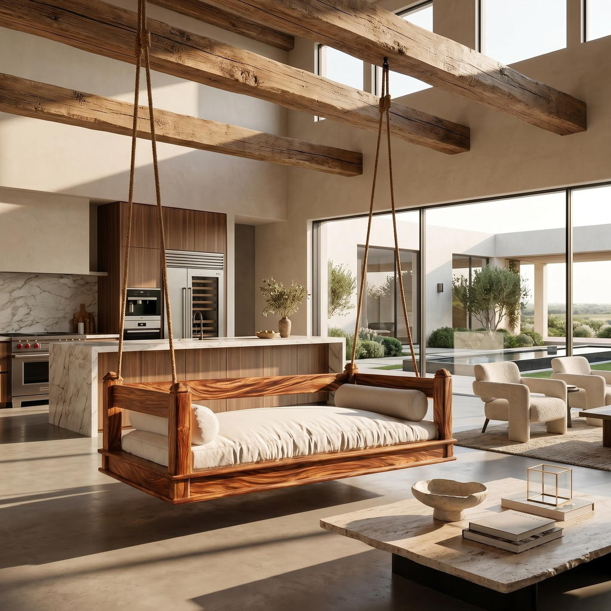 Mediterranean Wooden Hanging Daybed Swing Luxury Villa Patio