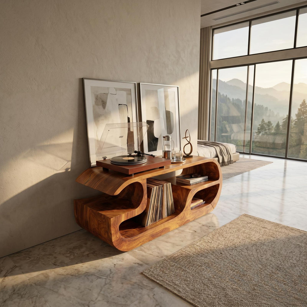 Minimalist Curved Wooden Record Player Stand, Handcrafted Small Space Vinyl LP Storage Cabinet, Model