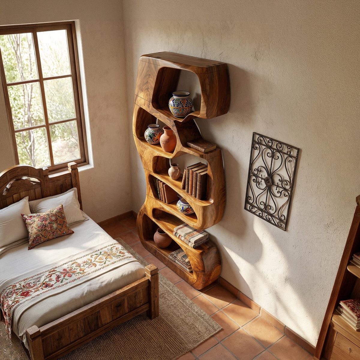 Japandi Geometric Bookshelf, Modern Wooden Storage Shelf Display Unit for Living Room & Kitchen