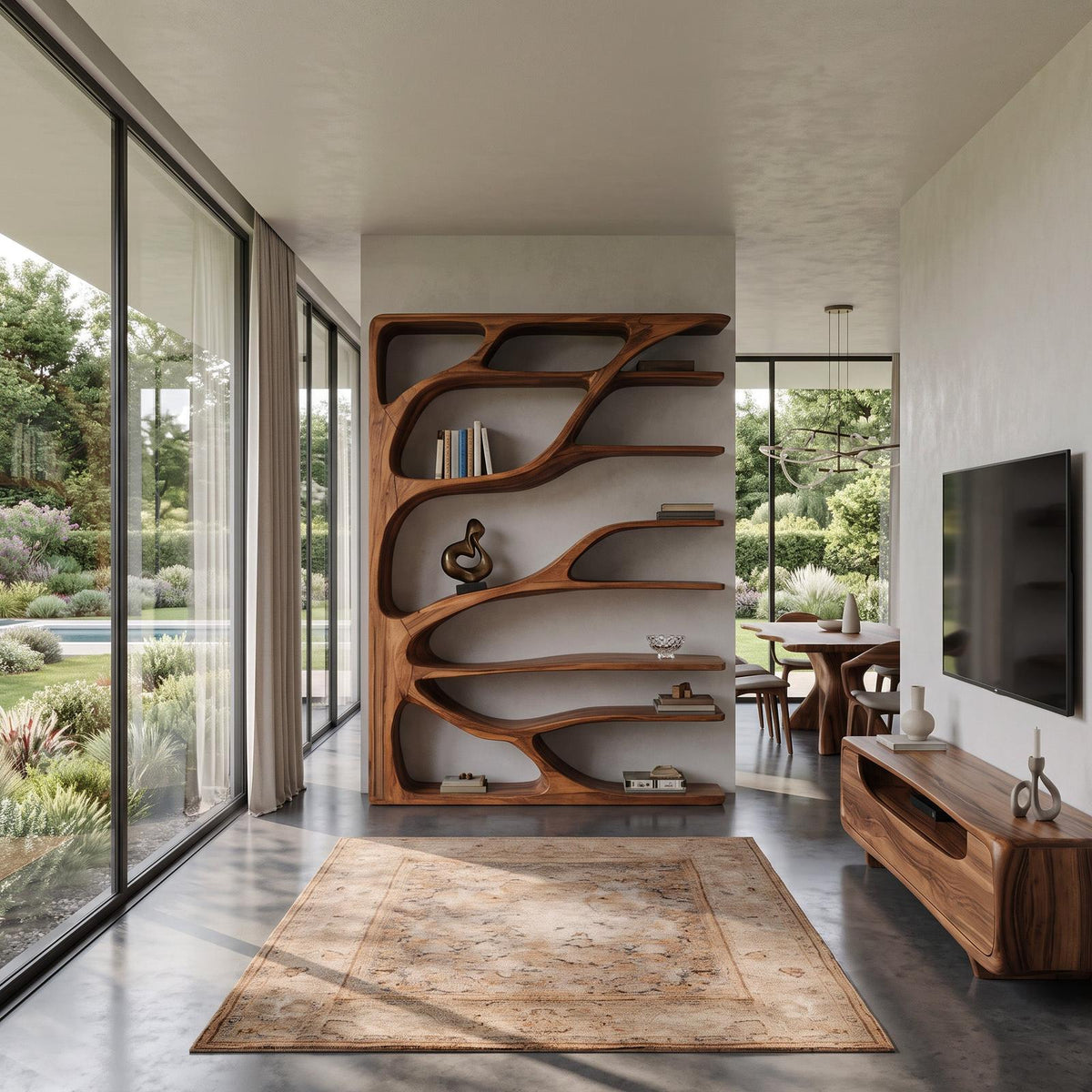 Modern Statement Bookshelf, Handcrafted Wood Bookcase & Sculptural Display Shelving Unit for Living Room Decor