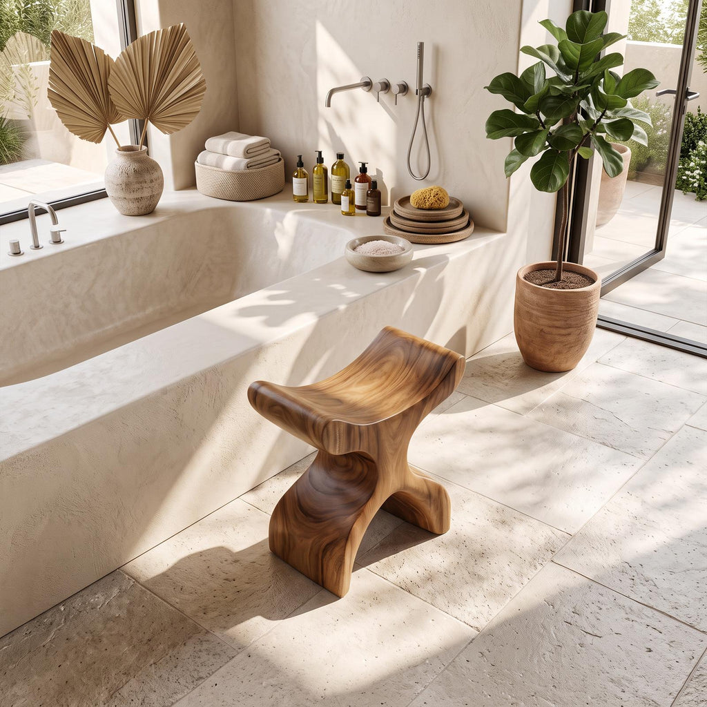 Mid Century Solid Wood Bath Seat, Handcrafted Shower Bench & Spa Stool for Modern Bathroom Furniture Decor