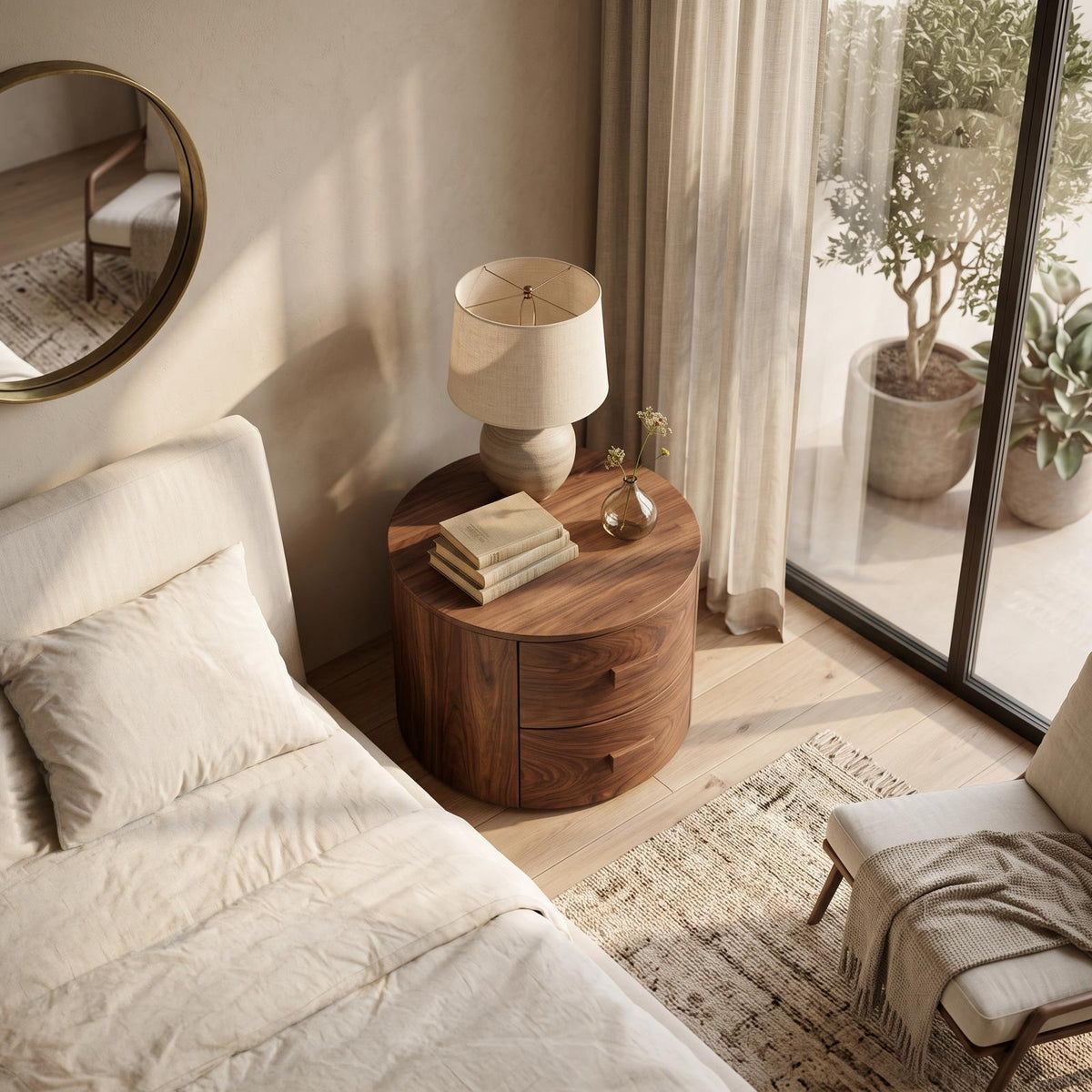 Modern Round Wooden Nightstand with 2 Drawers, Curved Wood Bedside Table for Bedroom Storage, Model