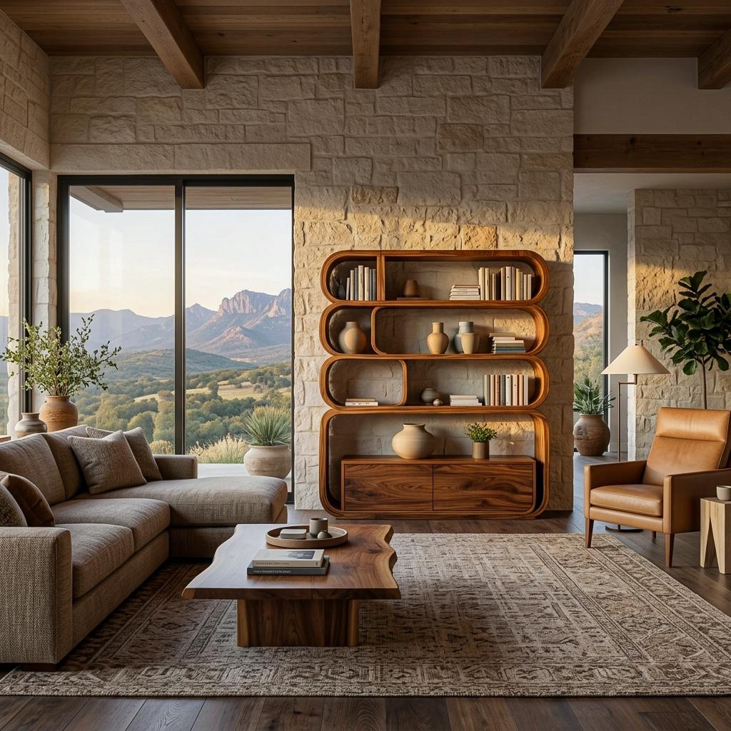 Modern Natural Wood Bookshelf with Curved Structure, Handcrafted Solid Wood Bookcase for Living Room & Office