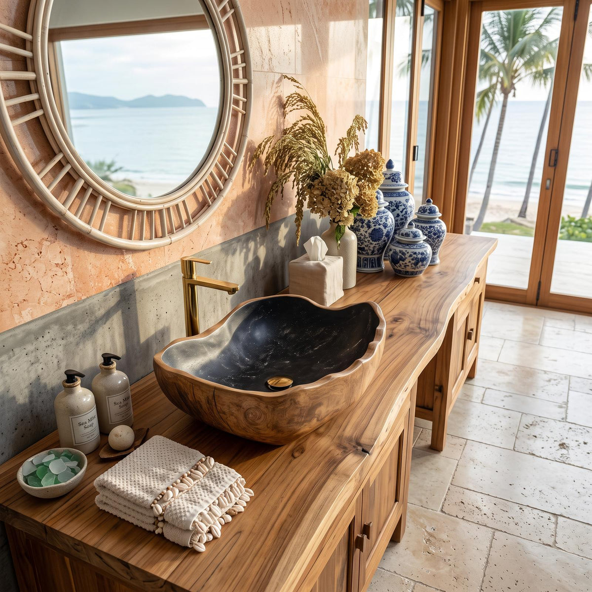 Mid-Century Solid Wood Vessel Sink, Handcrafted Organic Shape Bathroom Wash Basin for Modern Luxury Vanity Decor