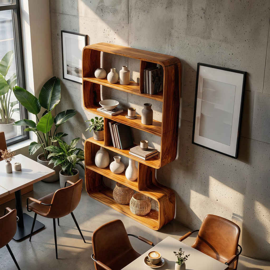 Japandi Sculptural Wood Bookshelf, Wall-Mounted Bathroom Open Storage Display Cabinet & Towel Rack Organizer