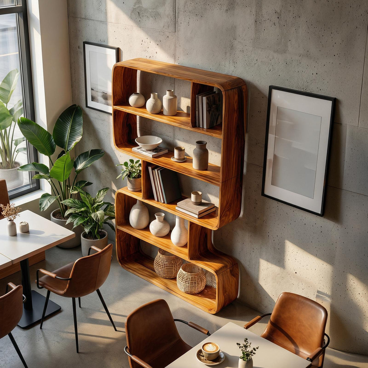 Japandi Sculptural Wood Bookshelf, Wall-Mounted Bathroom Open Storage Display Cabinet & Towel Rack Organizer
