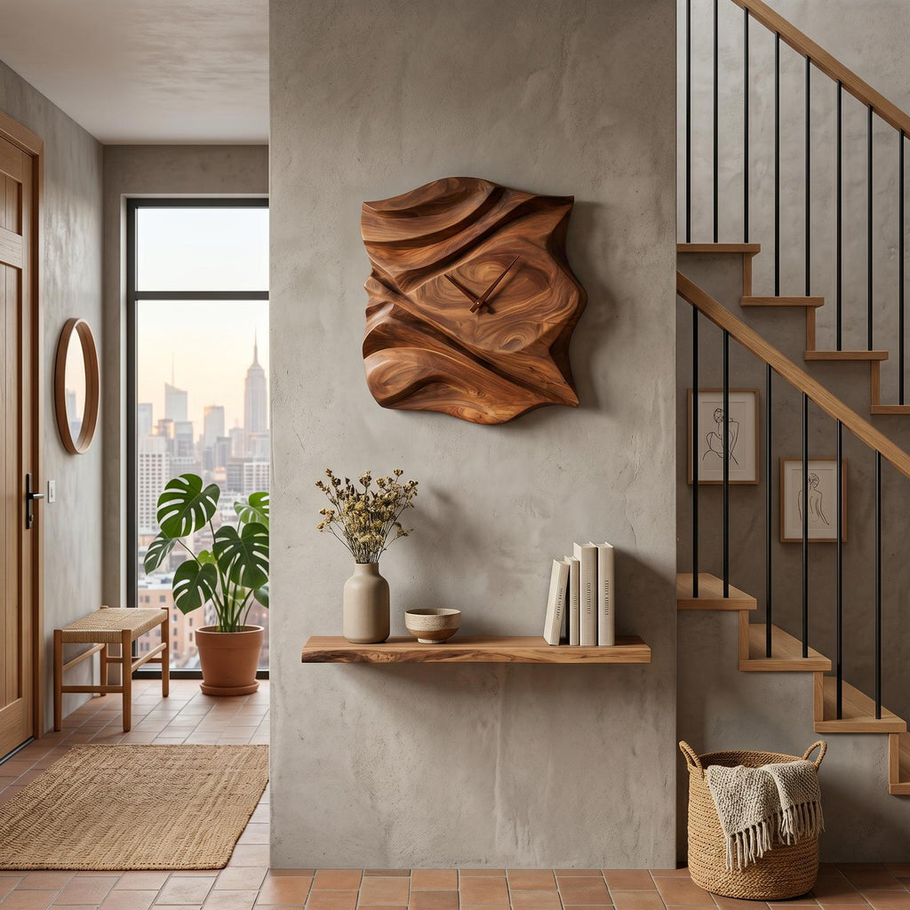 Contemporary Wooden Wall Clock, Hand-Carved Abstract Wave Wood Accent Clock for Bedroom & Living Room Decor