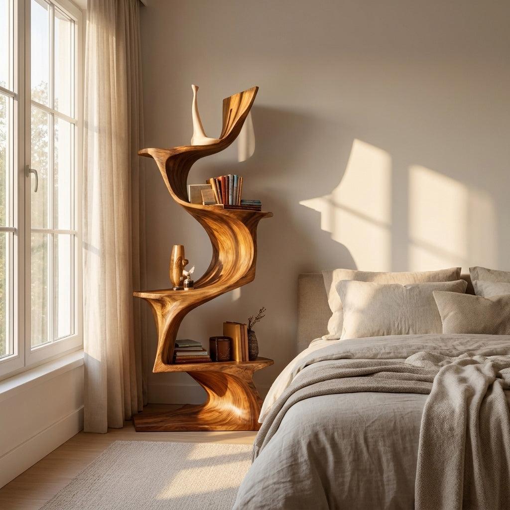Organic Modern Natural Wood Bookshelf, Handcrafted Solid Wood Corner Bookcase for Living Room & Office Decor