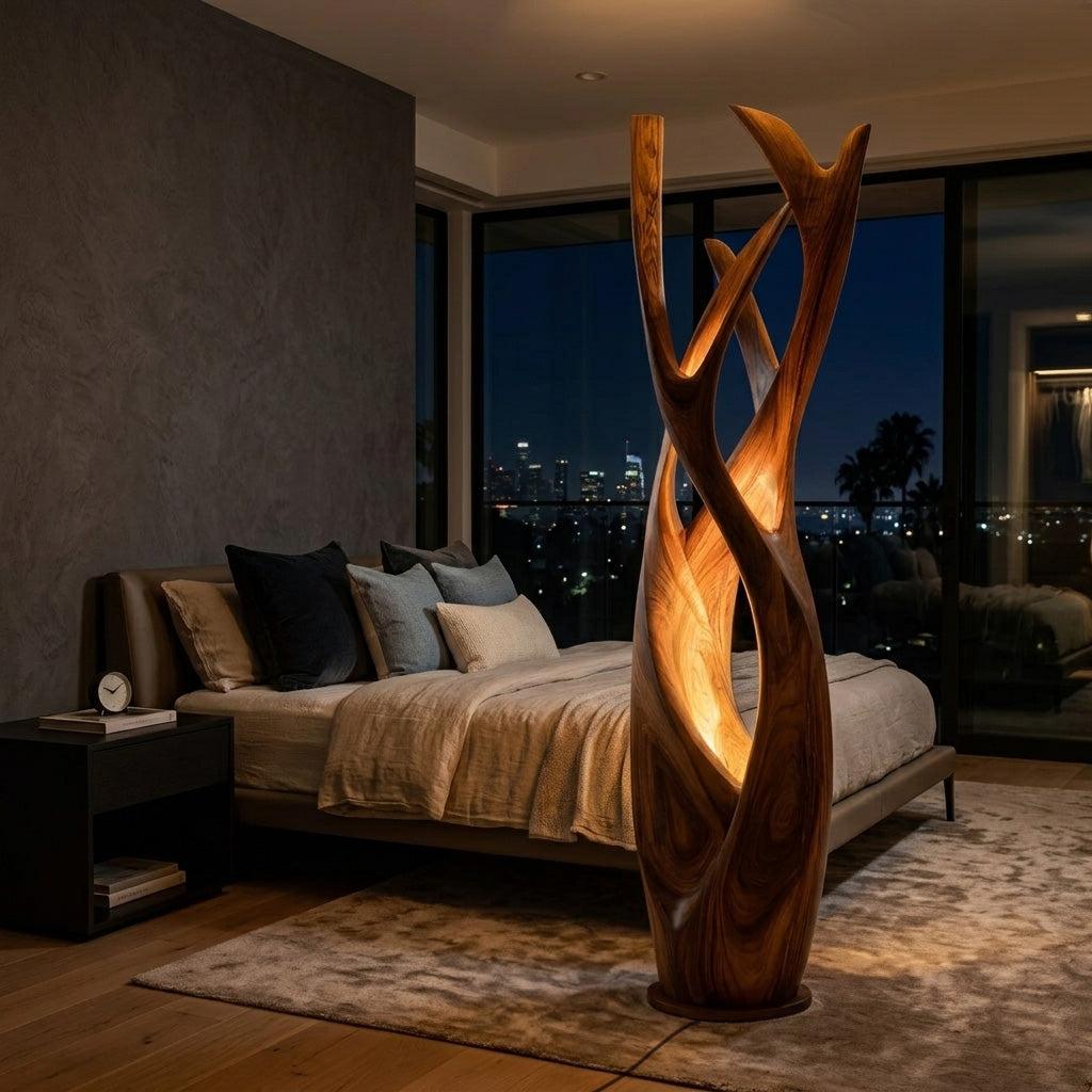 Wooden Floor Lamp, Modern Minimalist Solid Wood Standing Light with Shade for Contemporary Apartment, Model