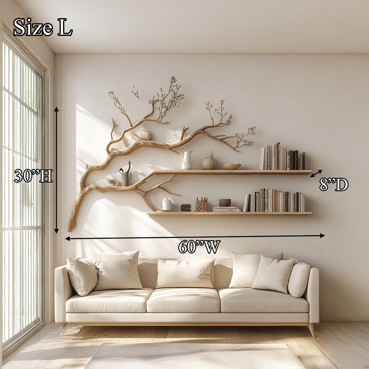 Rustic Organic Tree Display Shelf, Handcrafted Solid Wood Wall Mounted Bookshelf & Decorative Wall Art