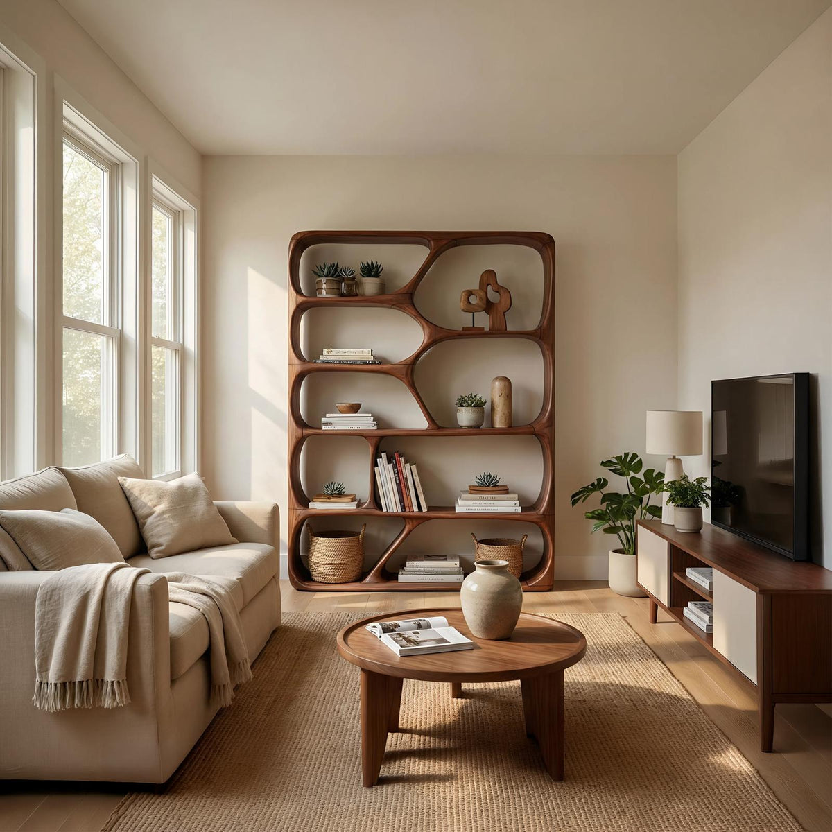 Mid Century Modern Handcrafted Wooden Bookcase, Solid Wood Open Shelf Display Organizer Rack for Living Room & Office Decor