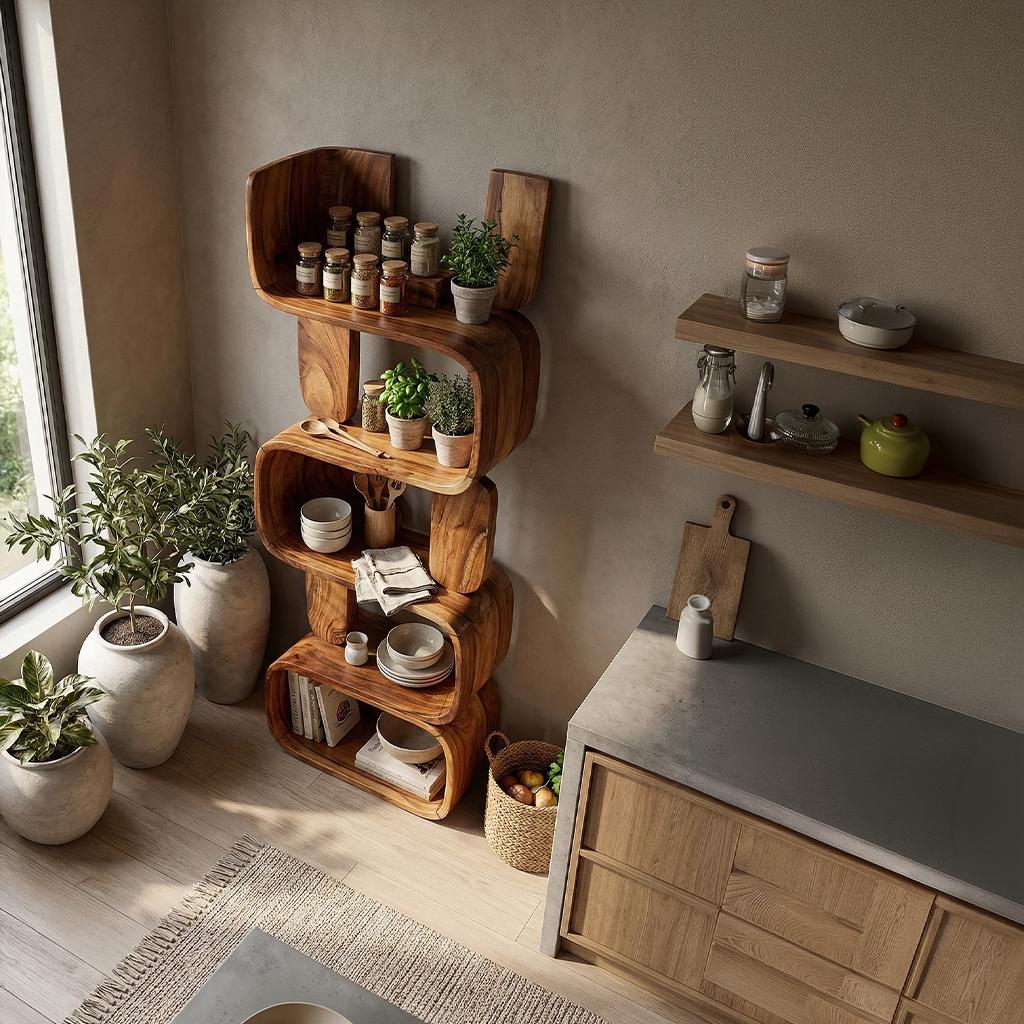 Contemporary Modern Unique Bookshelf, Abstract Wood Bookcase Display Shelves for Living Room