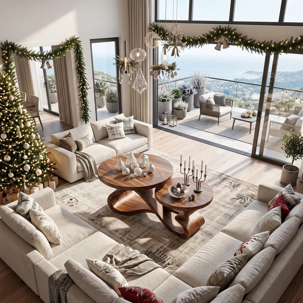 Rustic Christmas Round Coffee Table Holiday Sunroom