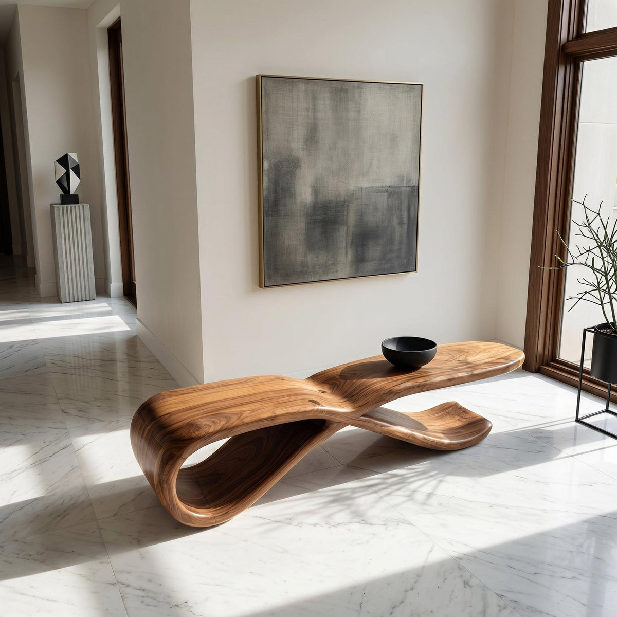 Contemporary Sculptural Wooden Bench For Hallway