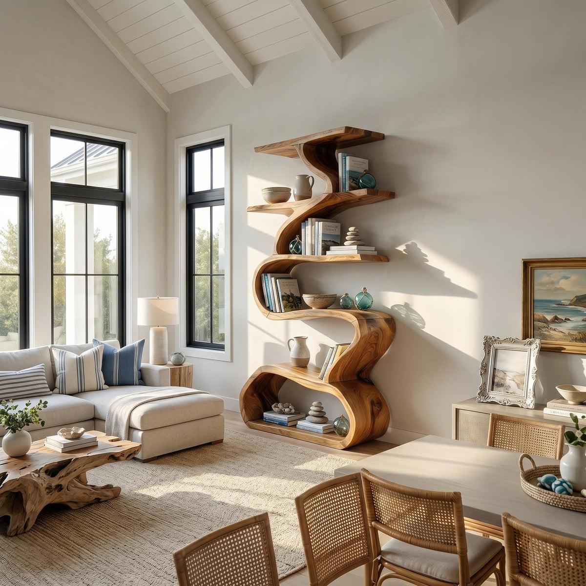 Organic Wooden Wall Bookshelf With Flowing Curves