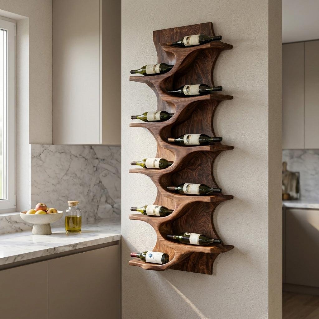Rustic Natural Solid Wood Wine Rack, Handcrafted Wall Mounted Storage Shelf for Home Bar & Kitchen