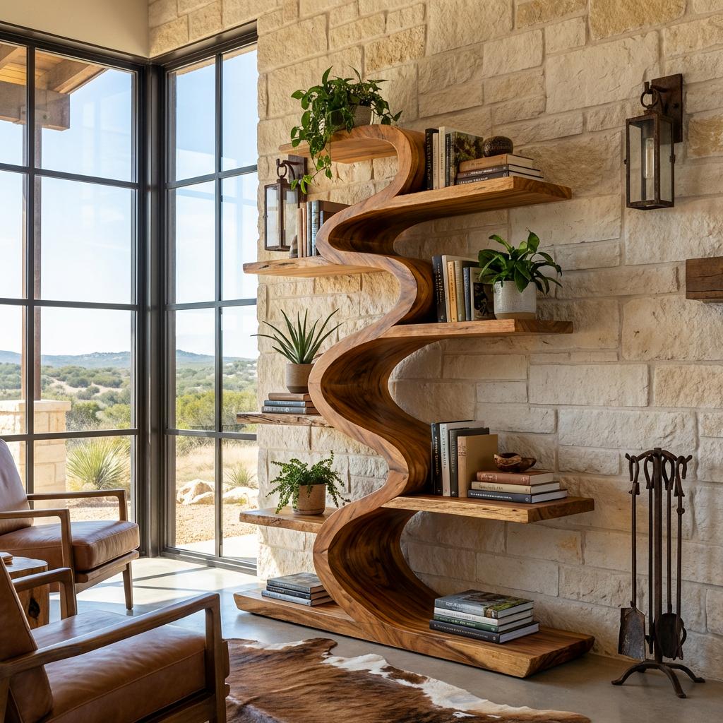 Modern Wooden Bookshelf with Flowing Form, Handcrafted Solid Wood Bookcase for Living Room & Home Library Display