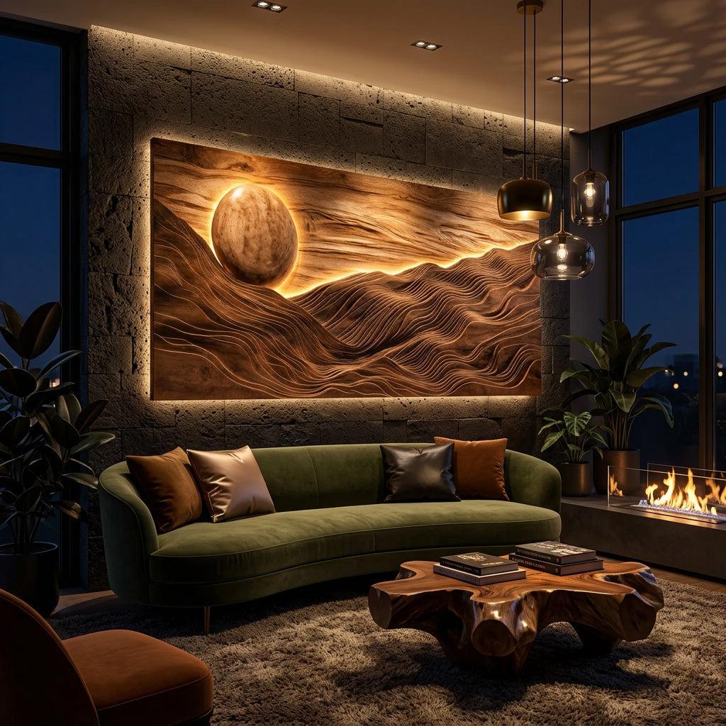 Large Sun Over Mountains Wooden Wall Art, Rustic Sunset Landscape 3D Wood Sculpture Panel for Home