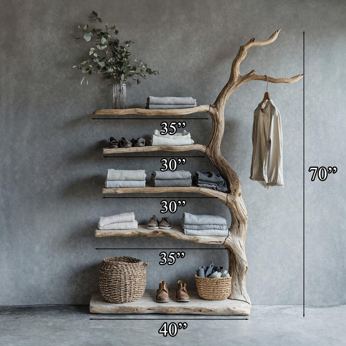 Driftwood Tree Branch Coat Rack With Shelf Shoe Storage