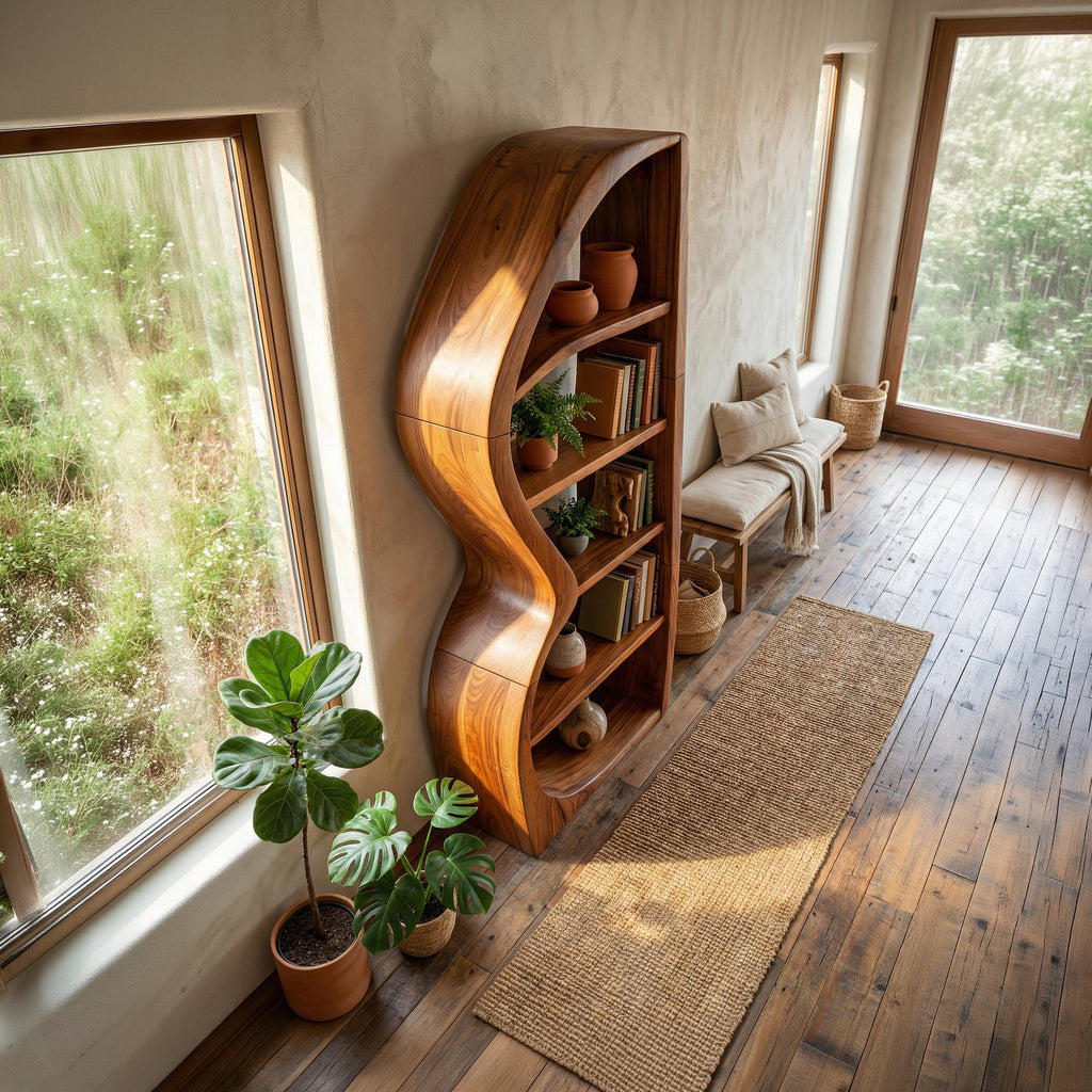 Mid-Century Modern Bookshelf, Unique Wooden Bookcase & Decorative Storage Shelves for Living Room