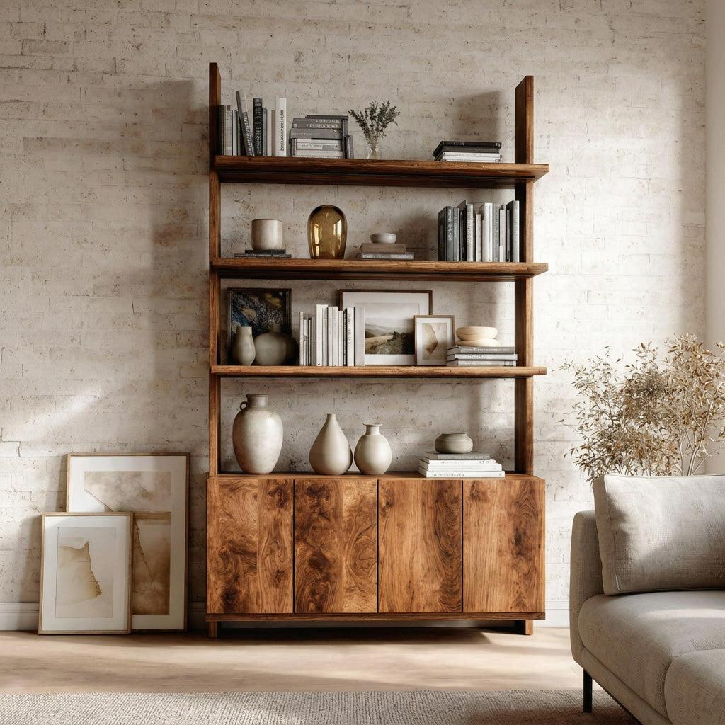 Modern Wood Bookshelf with Open Storage Shelves & Drawers, Handcrafted Bookcase for Living Room & Office